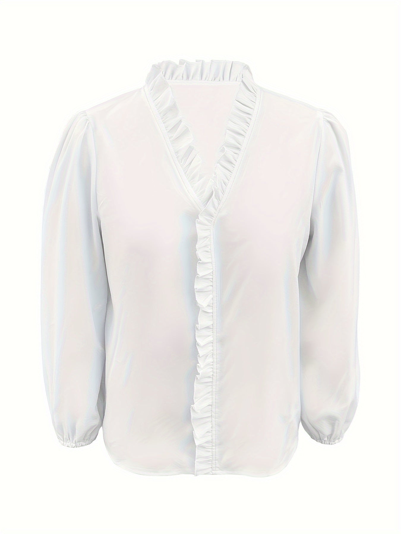 Pure Color Ruffle Hemline Shirt, Casual V-neck Long Sleeve Shirt.