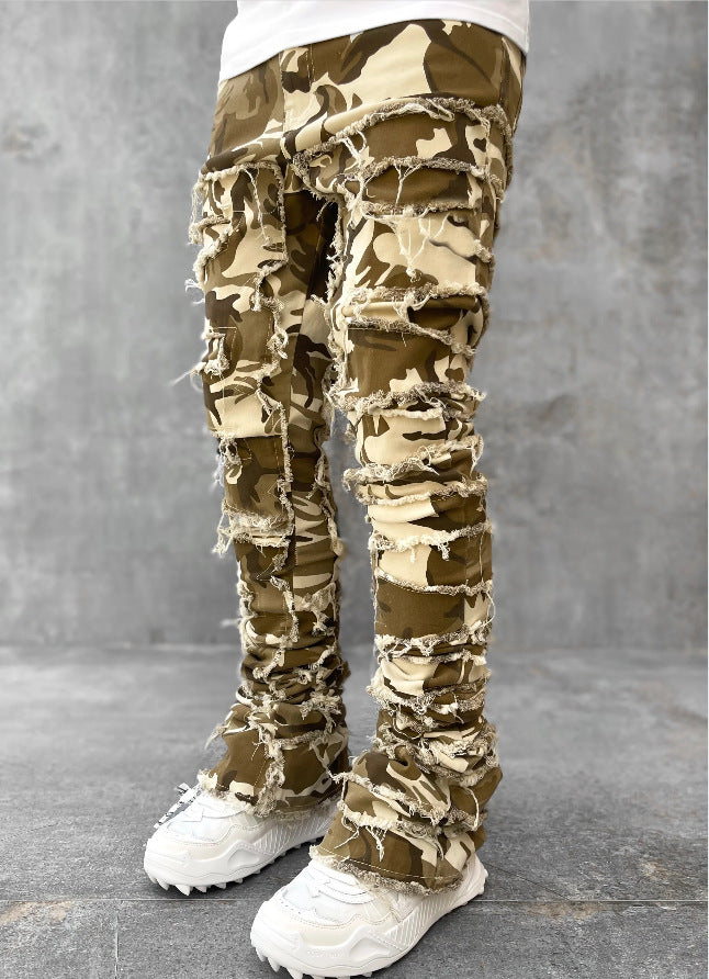 Men's Fringe Ripped Stacked Jeans | Patched Tight Fit Long Denim Pants