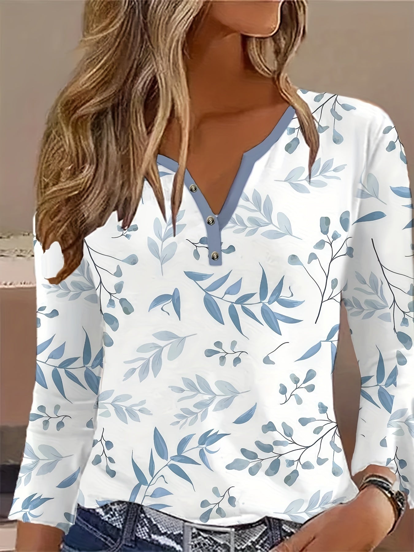 Spring And Autumn New Style Buttoned Leaf Printed Casual Long Sleeve T-Shirt
