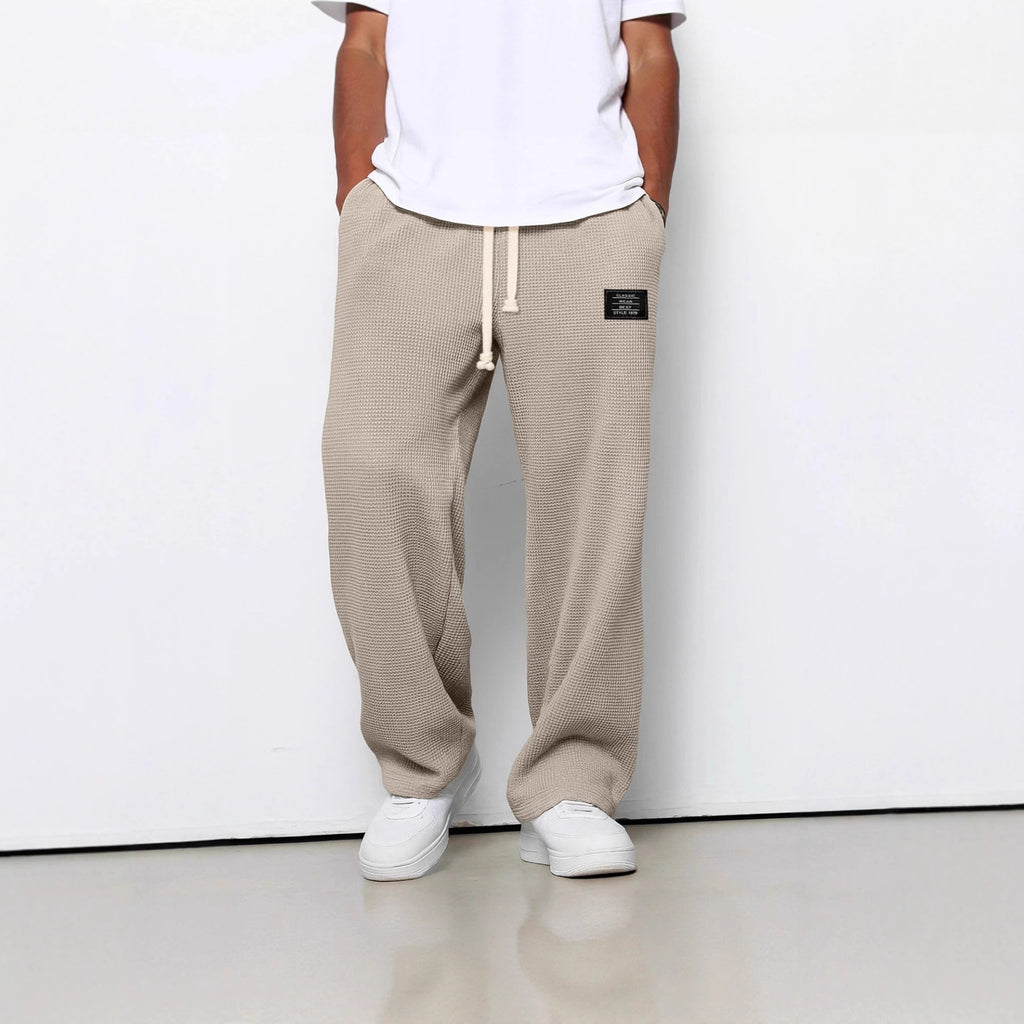 Men's Waffle Straight Leg Pants | Loose Drawstring Pocket Casual Trousers