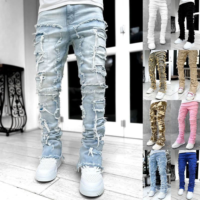 Men's Fringe Ripped Stacked Jeans | Patched Tight Fit Long Denim Pants