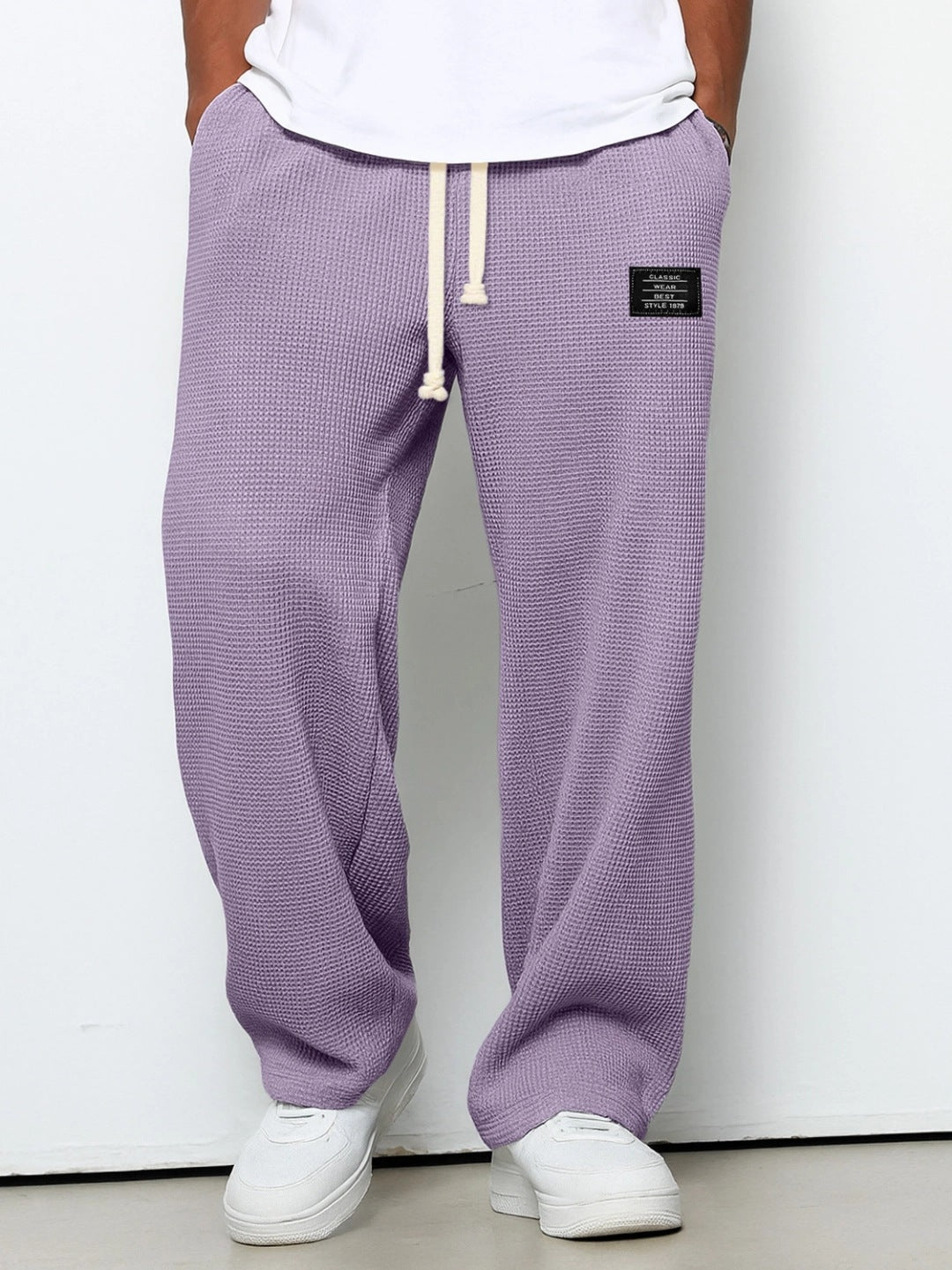 Men's Waffle Straight Leg Pants | Loose Drawstring Pocket Casual Trousers Purple 0 63bb2612-fe22-46f8-9796-18537b7a4725 FIOLKA BOUTIQUE