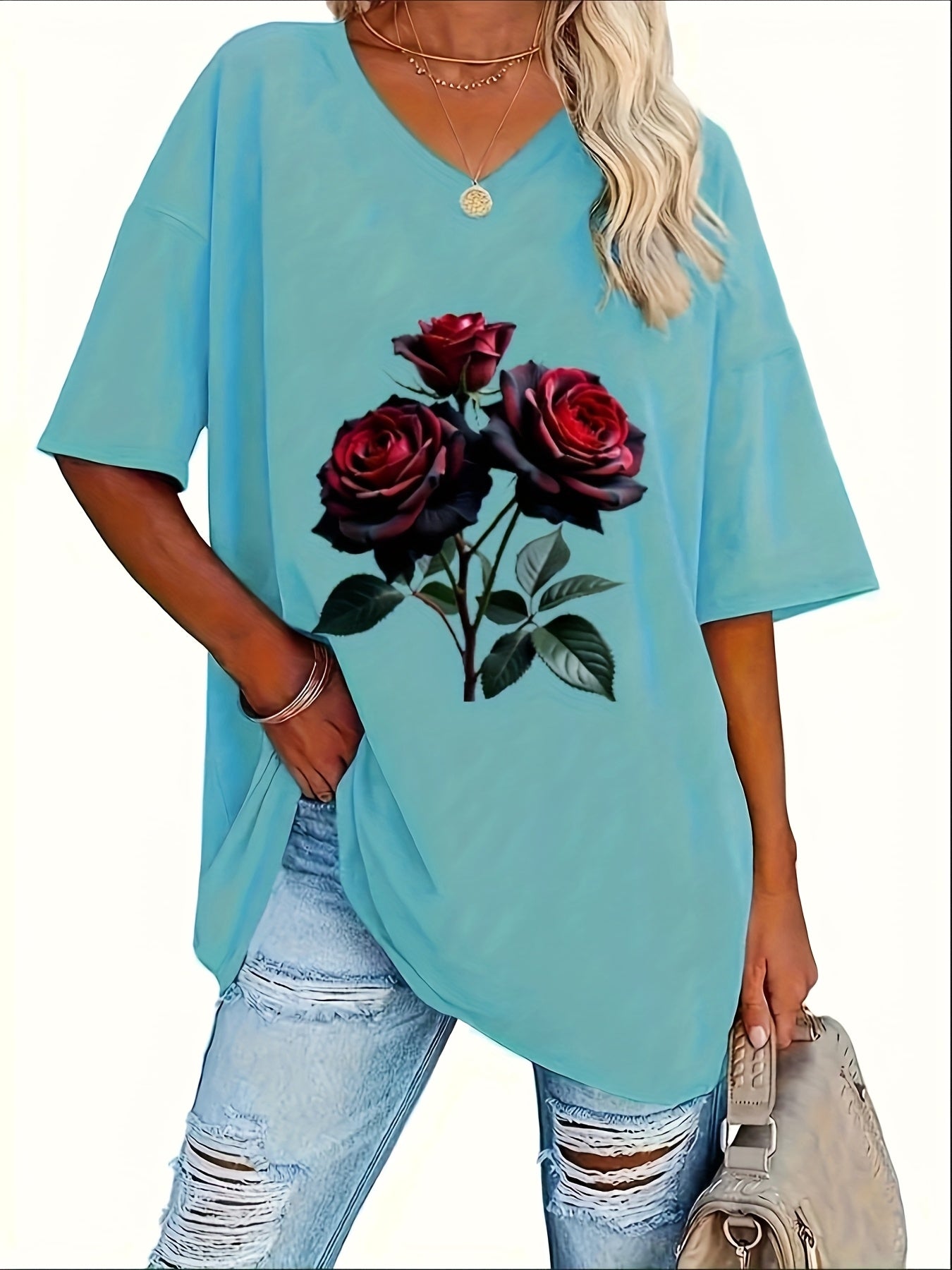 Women's Plus Size V-Neck Printed Short Sleeve T-Shirt | Fashion Casual Tee