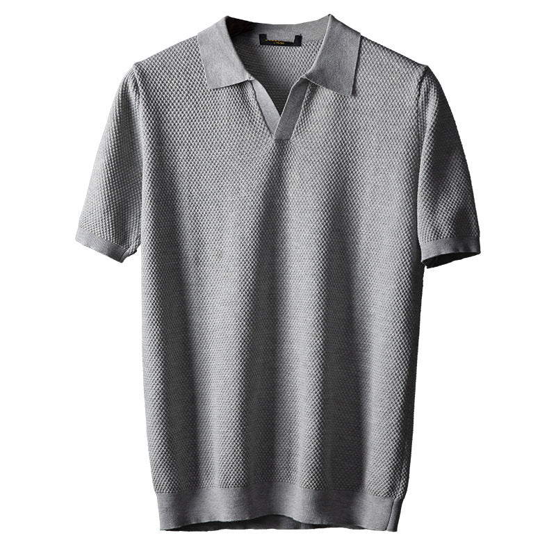 Men's V-Neck Knit Lapel Short Sleeve Top | Casual Summer Fashion Shirt