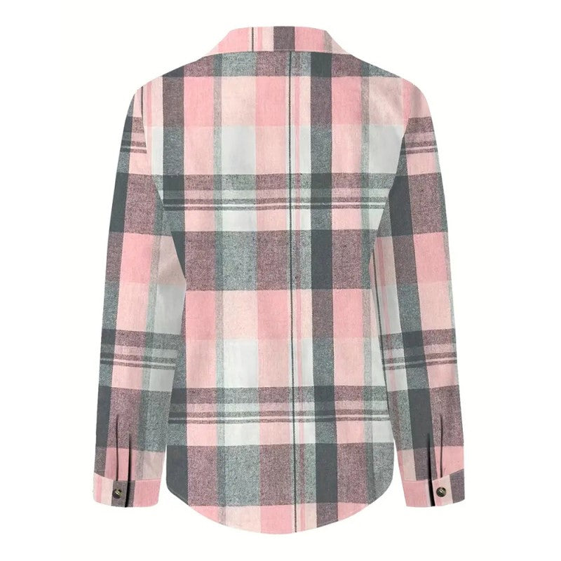 Women's Casual Plaid Long Sleeve Shirt | Button-Down Lapel Collar Top with Chest Pocket