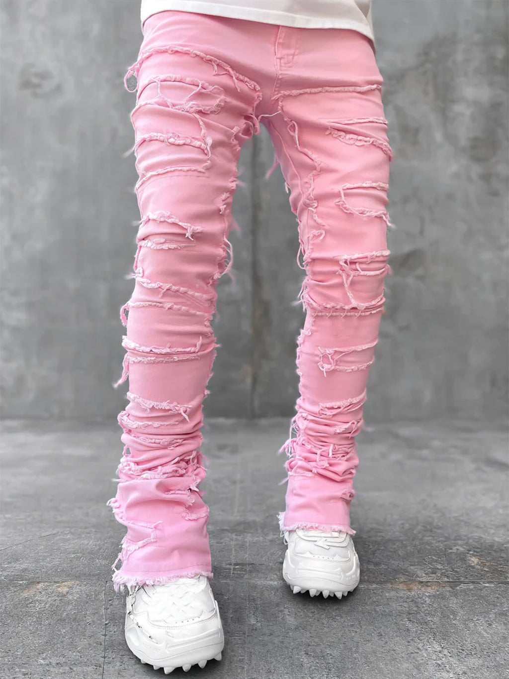 Men's Fringe Ripped Stacked Jeans | Patched Tight Fit Long Denim Pants