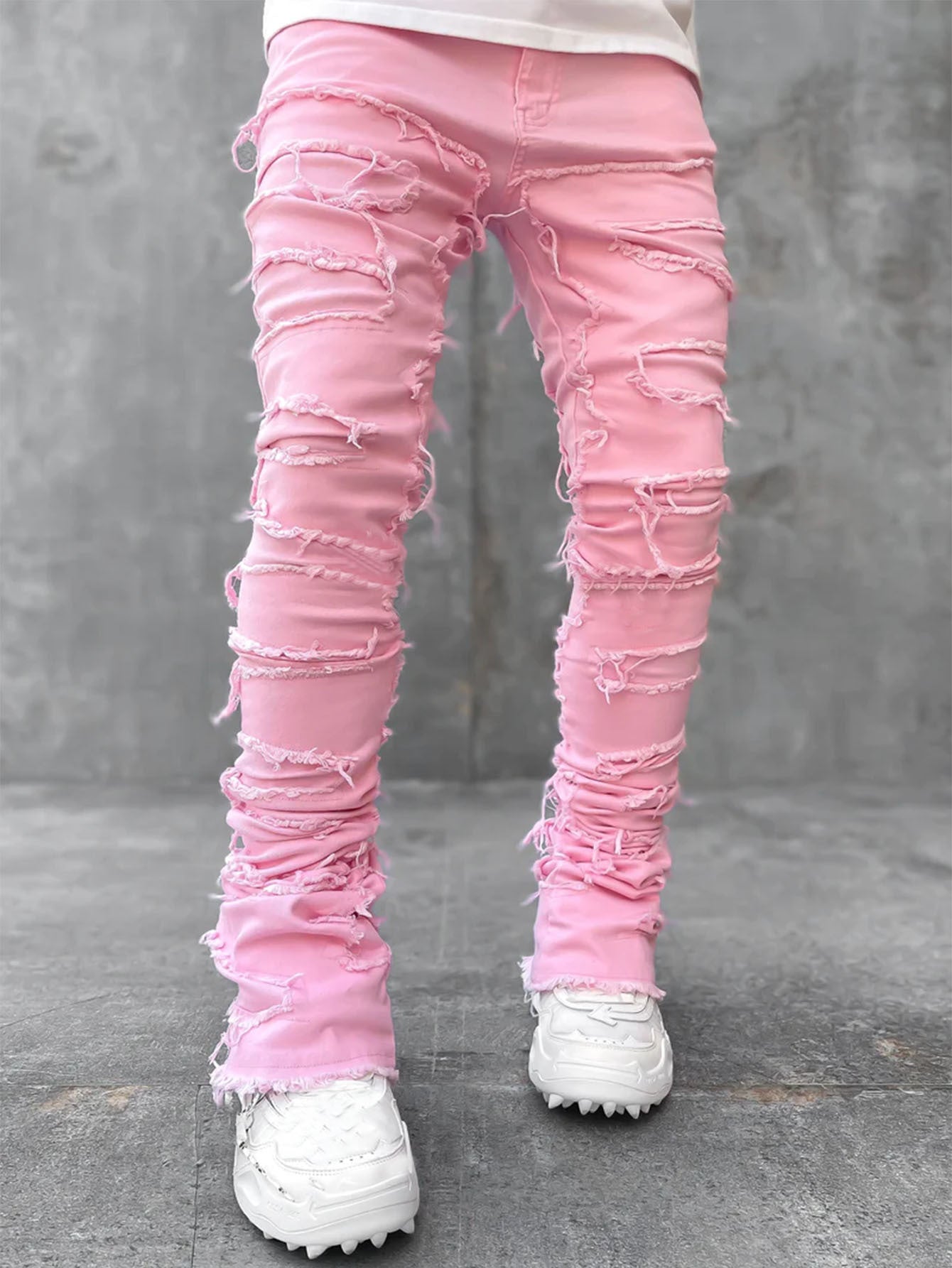 Men's Fringe Ripped Stacked Jeans | Patched Tight Fit Long Denim Pants