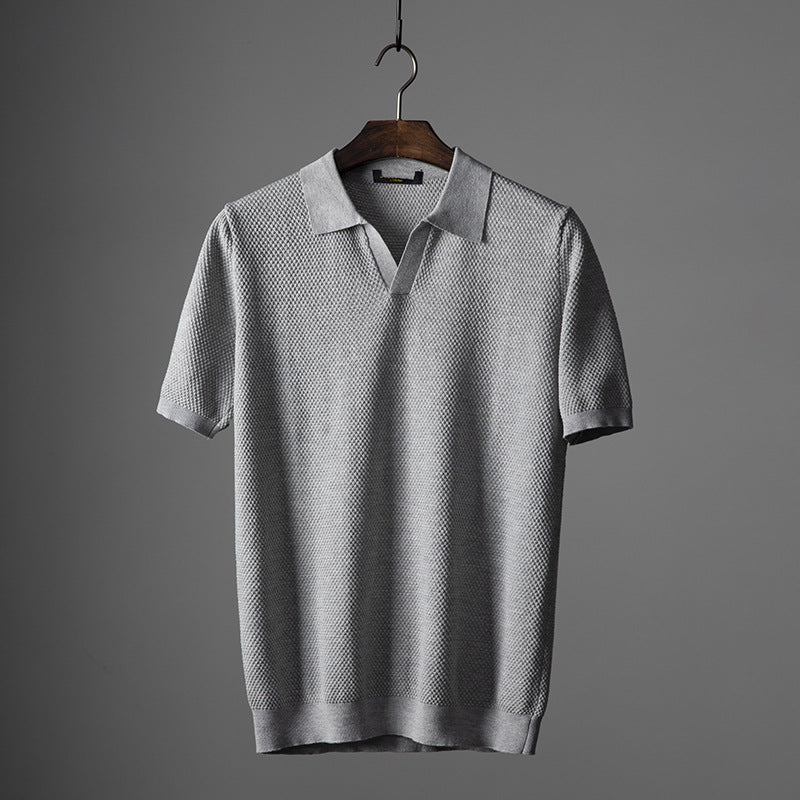Men's V-Neck Knit Lapel Short Sleeve Top | Casual Summer Fashion Shirt Grey 0 7184b849-ad29-4038-881f-544ad681e62e FIOLKA BOUTIQUE