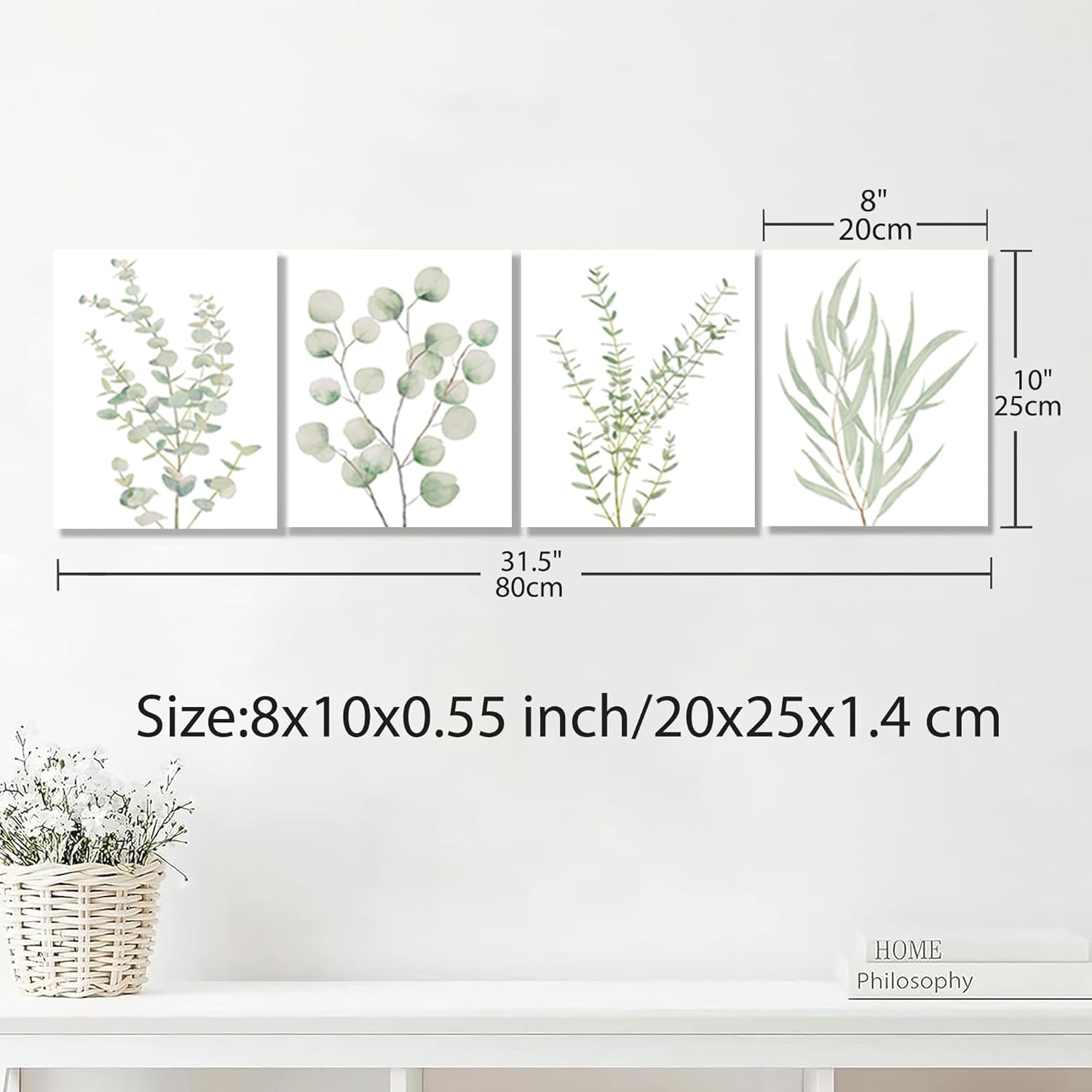 4-Piece Botanical Plant Canvas Wall Art Set | Framed Boho Minimalist Decor for Bathroom & Bedroom 8x10in