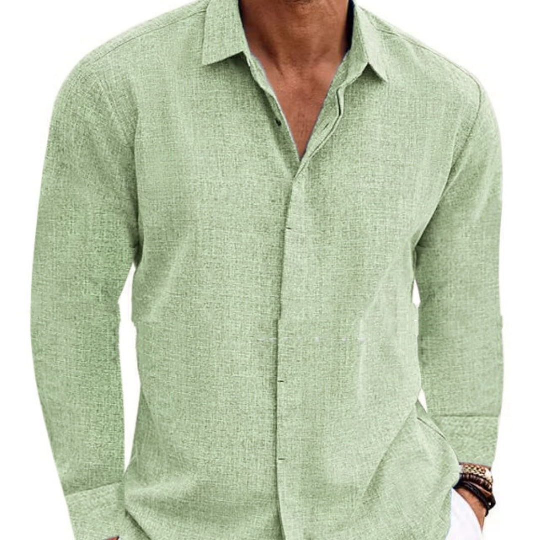 Men's Long Sleeve Cotton Linen Shirt | Solid Color Undershirt & Everyday Top Green 0 7283ee31-b210-4d38-b4a6-bb5f89f09f2a FIOLKA BOUTIQUE