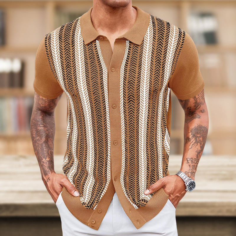 Men's Casual Striped Jacquard Sweater | Knit Pullover Long Sleeve Top Brown 0 78b944de-1249-4864-8429-777800464ef0 FIOLKA BOUTIQUE