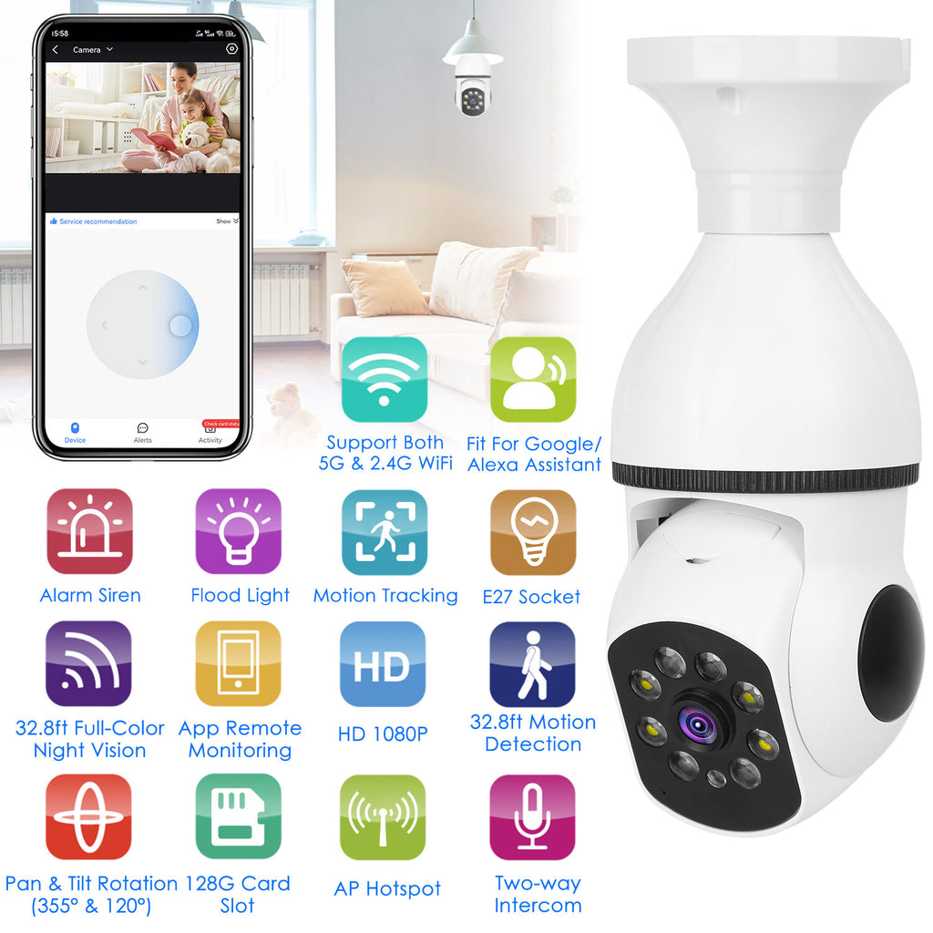 E27 WiFi Bulb Security Camera 1080P FHD | Pan Tilt Night Vision Two-Way Audio Motion Tracking