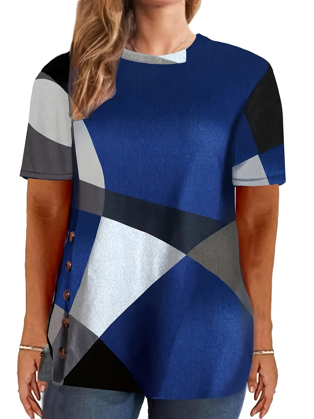 Women's Plus Size Color Block T-Shirt | Casual Short Sleeve Round Neck Stretchy Tee