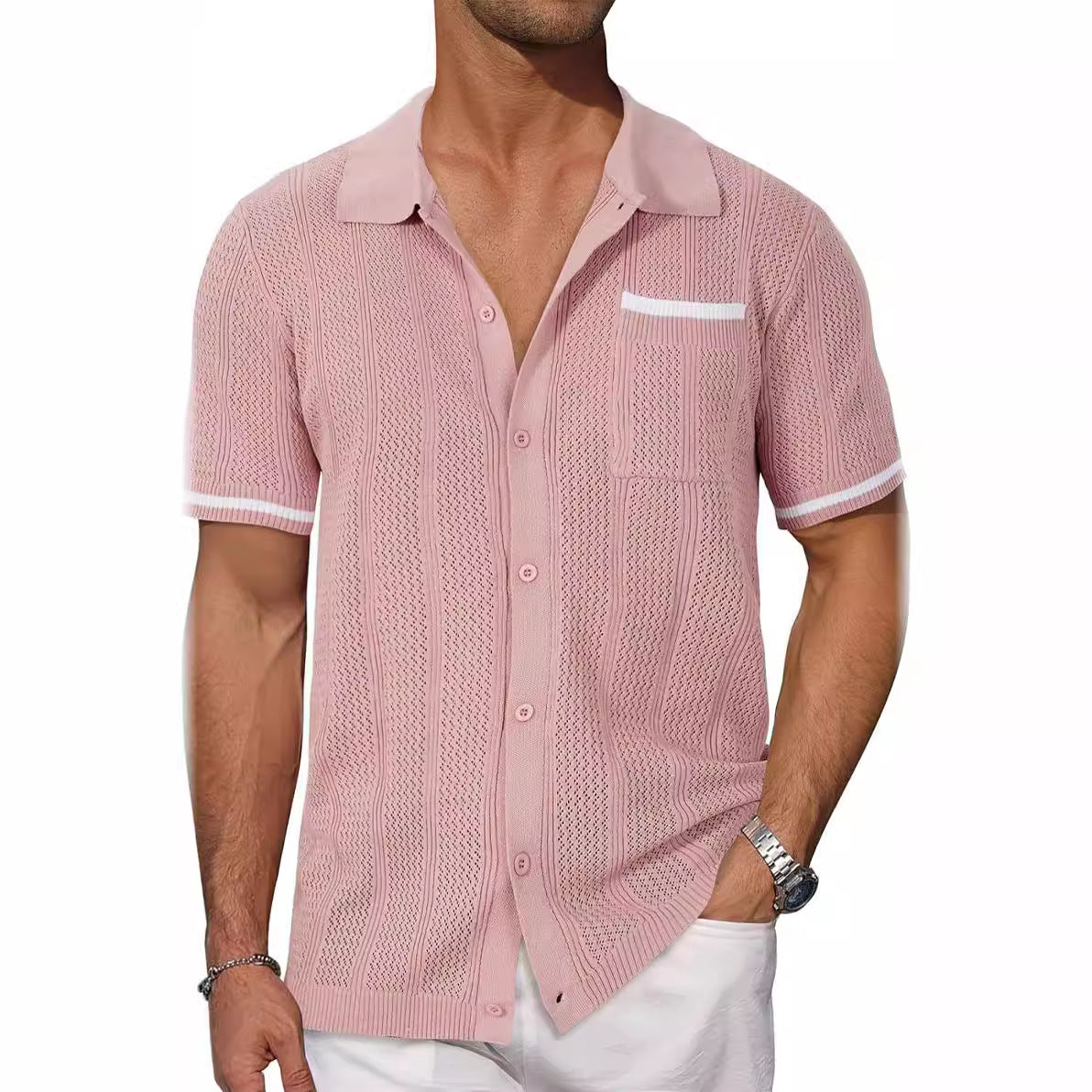 Men's Short Sleeve Hollow Breathable Shirt | Cool Summer Casual Cardigan Jacket Pink 0 84370204-3844-4912-bfe7-dfe3b09f0066 FIOLKA BOUTIQUE