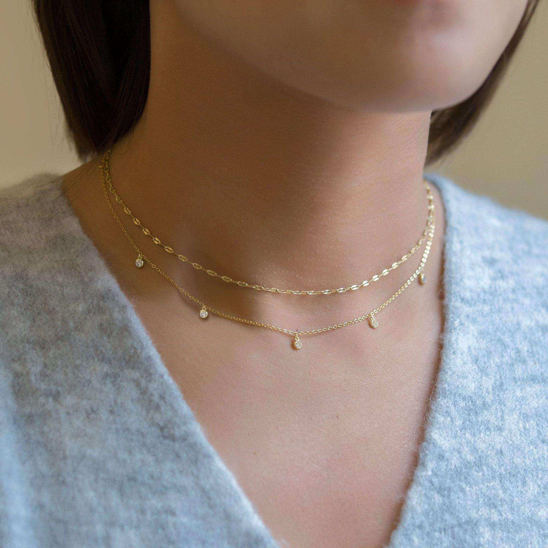 Waterdrop Chain Necklace | Colorful Bling Dainty Sideways Pendant Gold Jewelry for Women