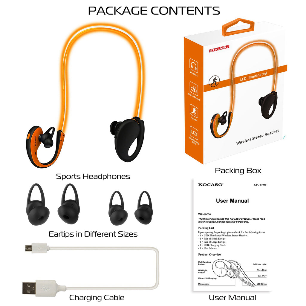 1Pc Wireless Sports Headsets Wireless V4.1 Neckband Earphones HD Stereo Sweat-proof Headphones Earbuds With  LED Light Mic 8Hrs Work Running