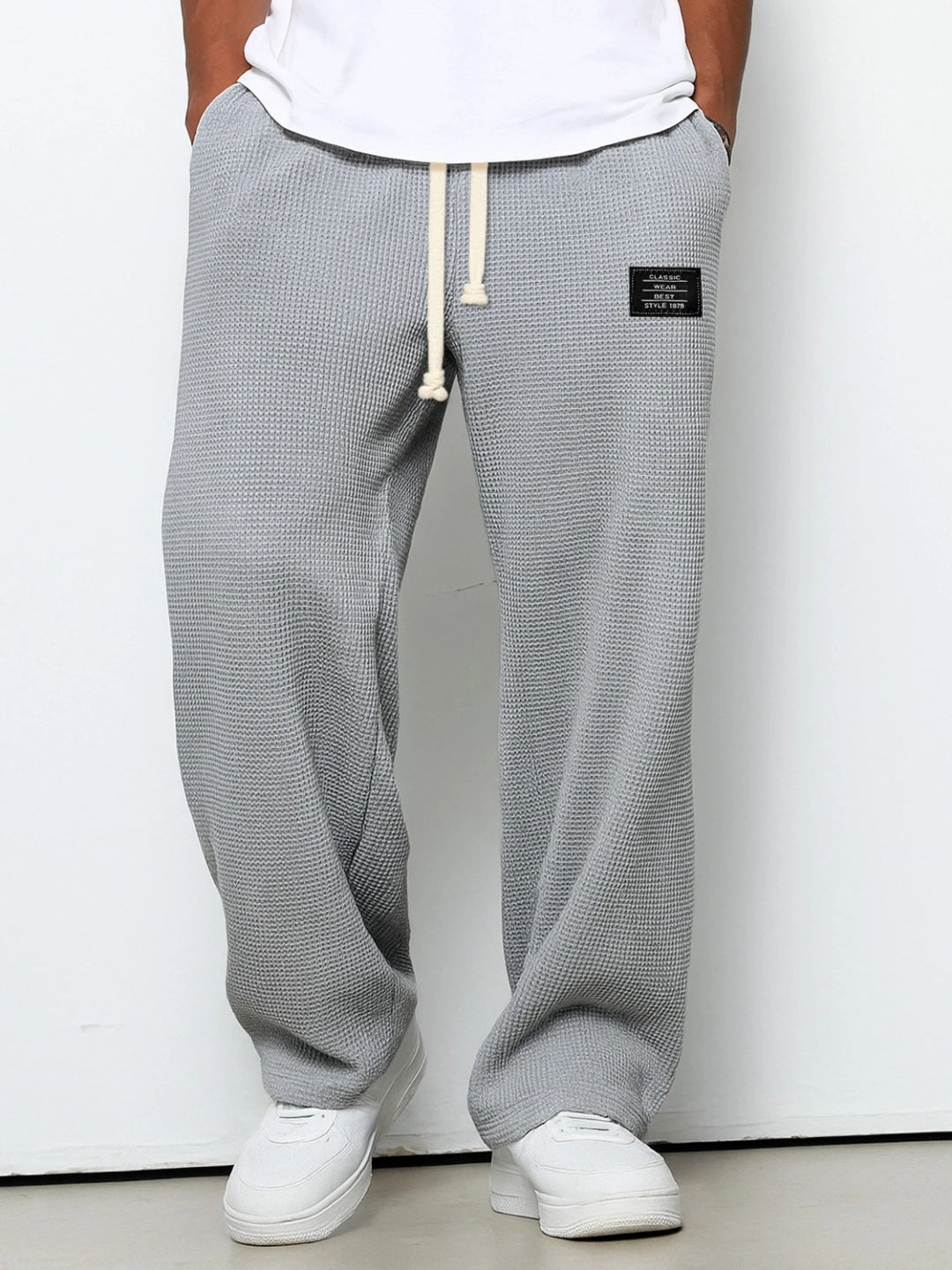Men's Waffle Straight Leg Pants | Loose Drawstring Pocket Casual Trousers Gray 0 87ad5bc9-9812-4be1-a361-ddbfb02923ca FIOLKA BOUTIQUE