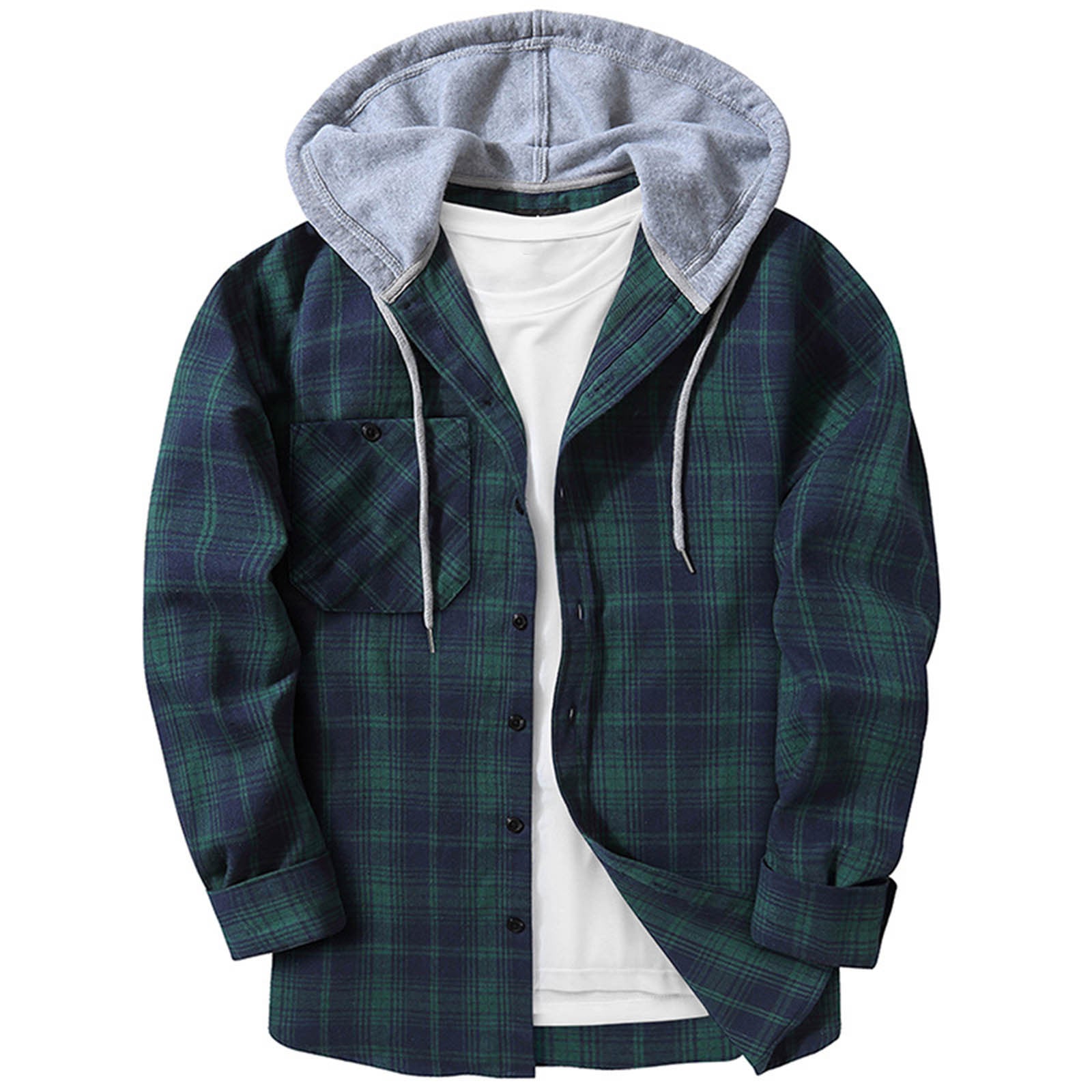 Men's Hooded Plaid Shirt | Casual Long Sleeve Flannel Top Green Dark Blue 0 8b669118-def3-4061-8d91-00ff939c9b08 FIOLKA BOUTIQUE