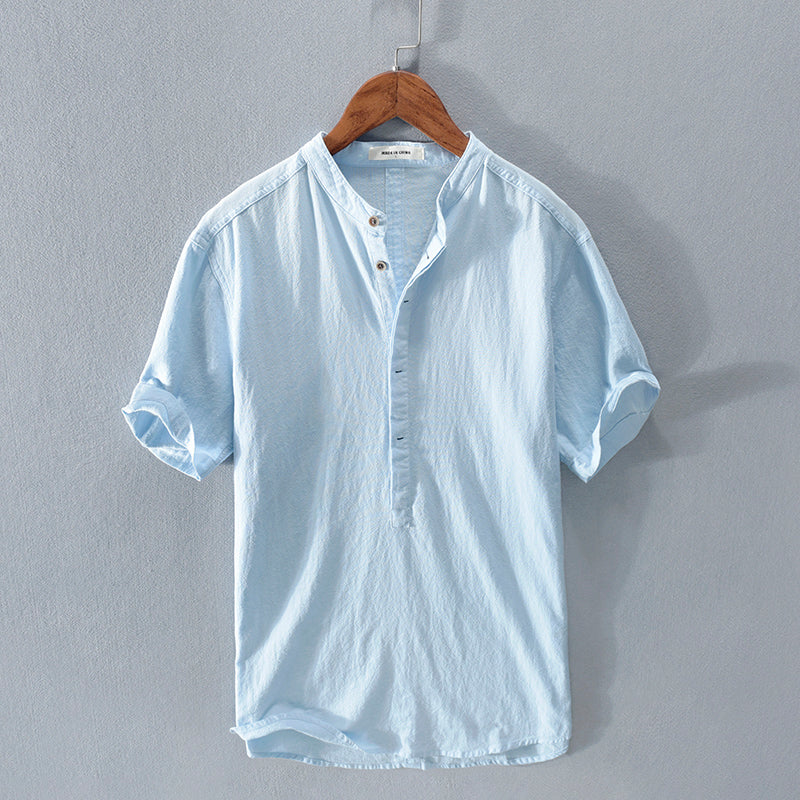 Men's Stand Collar Japanese Ice Silk Linen Short Sleeve T-Shirt | Cool Summer Top Sky Blue 0 958dbfc9-6055-46bf-bc8f-dcb92480aae7 FIOLKA BOUTIQUE