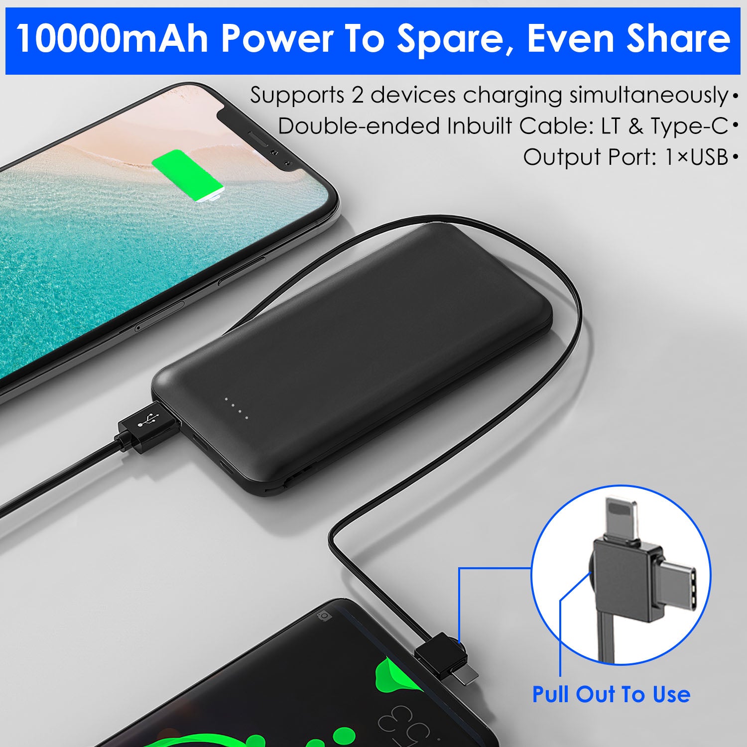 1Pc 10000mAh Power Bank Portable Phone Charger External Battery Pack With LT And Type C Double Ended Cable Type C USB Cable Fit For IOSPhone 14 Android And More