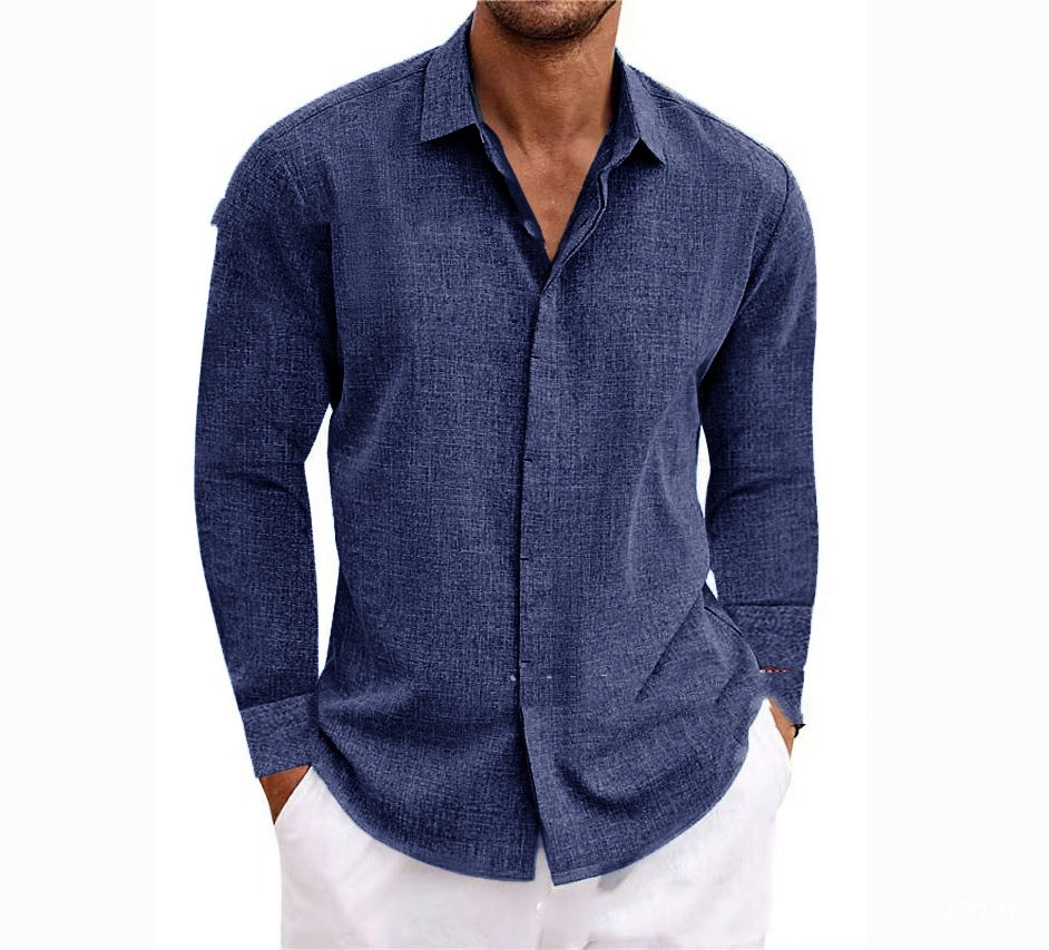 Men's Long Sleeve Cotton Linen Shirt | Solid Color Undershirt & Everyday Top Navy Blue 0 9a1622c7-33ae-4aae-a4f0-8a99496cf9a1 FIOLKA BOUTIQUE