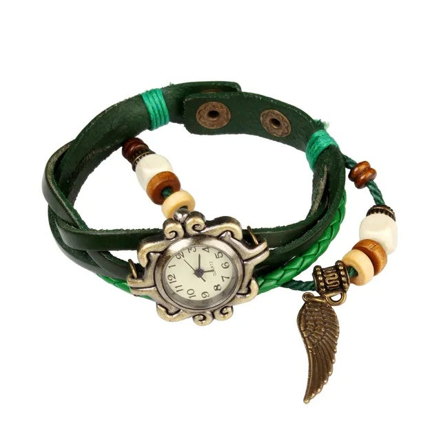 Bohemian Retro Handmade Leather Angel Wing Women's Watch | Boho Artisan Wristwatch