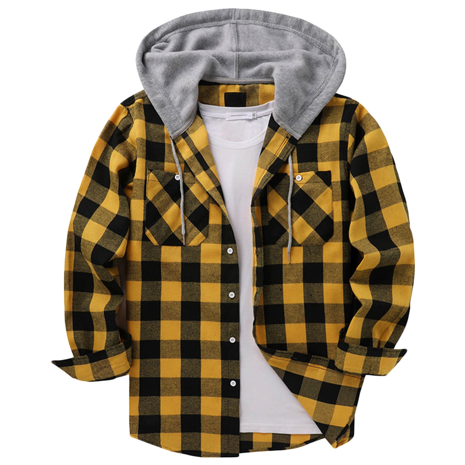 Men's Hooded Plaid Shirt | Casual Long Sleeve Flannel Top Double Pocket Yellow 0 9dd33028-bd78-4008-92d8-6980d522cb2f FIOLKA BOUTIQUE