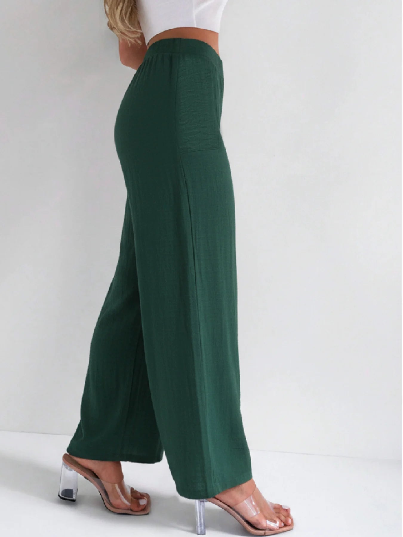 Women Green Textured Wide Leg Pants High Waist Button Front Pleated Trousers With Pockets Casual Office Business Straight Long Palazzo Pants