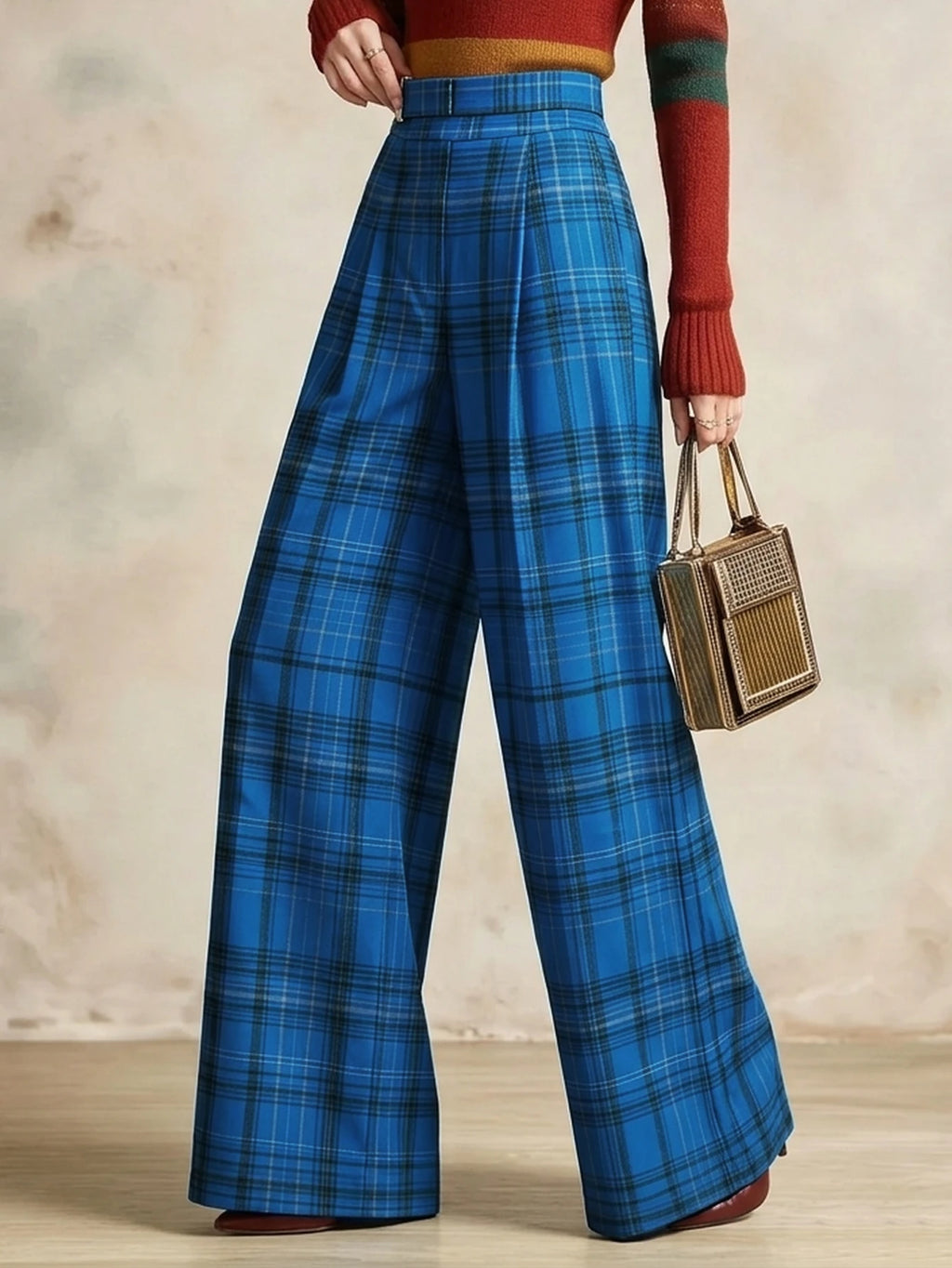 Women High Waist Pleated Plaid Wide Leg Pants Relaxed Fit Straight Trousers Casual Streetwear Bottoms For Daily Outing