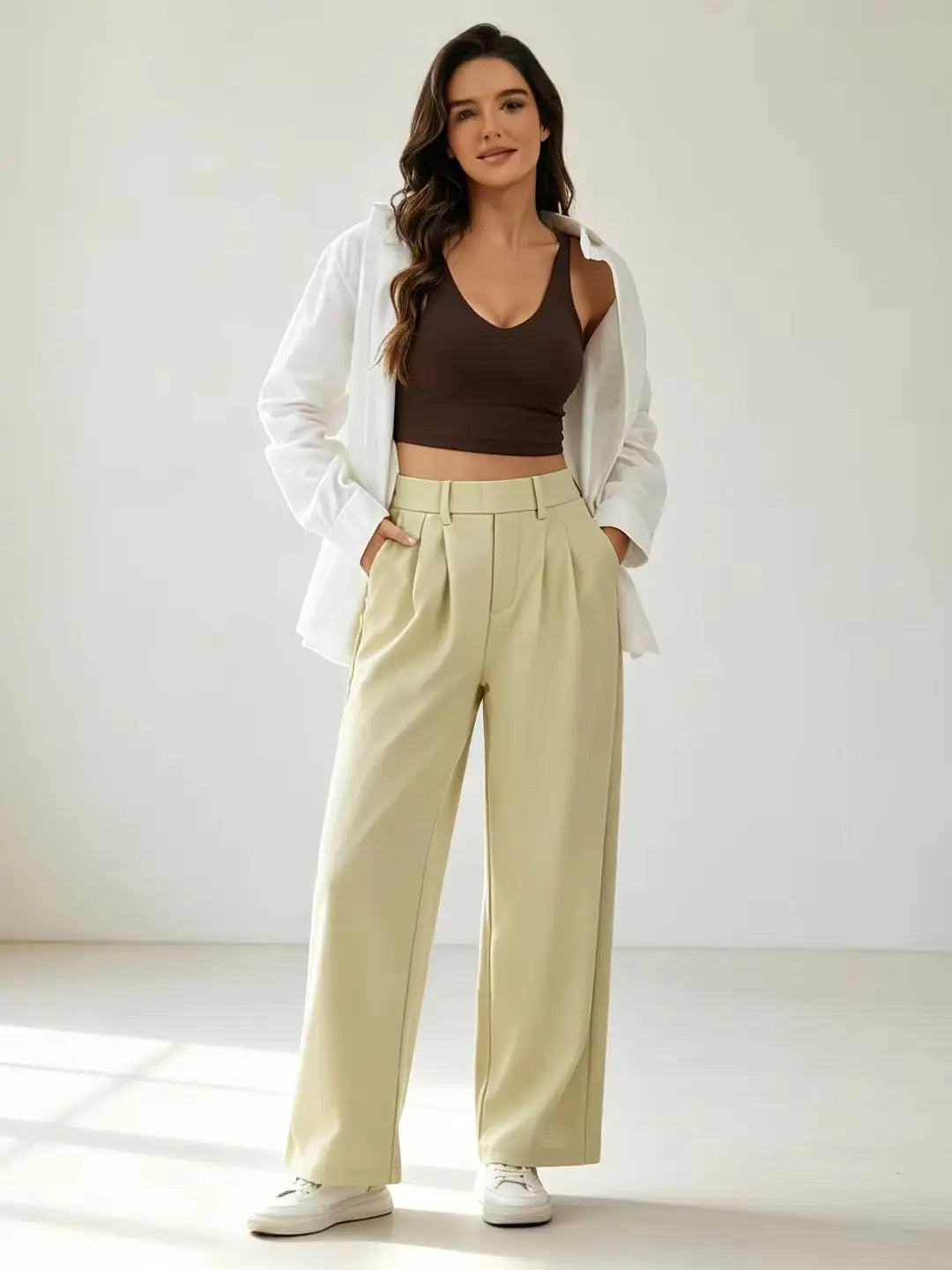 THE GYM PEOPLE Women's Wide Leg Dress Pants Pull On Elastic Waist Straight Leg Stretchy Business Slacks Trousers with Pockets
