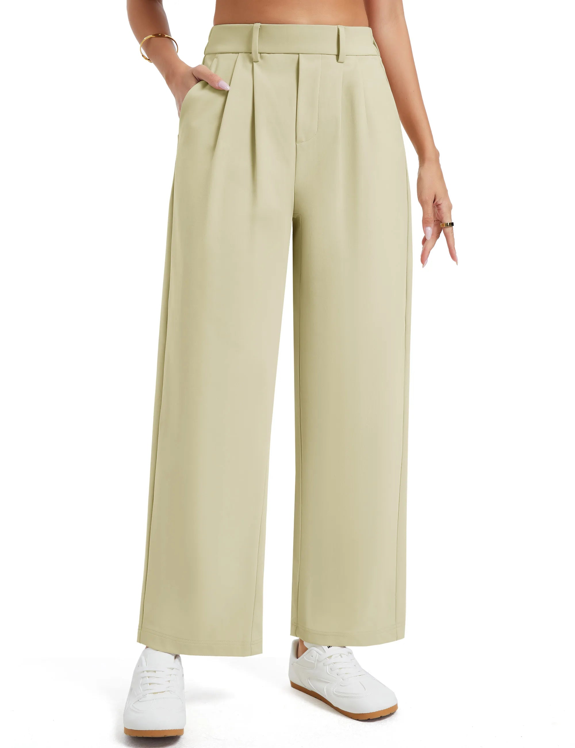 THE GYM PEOPLE Women's Wide Leg Dress Pants Pull On Elastic Waist Straight Leg Stretchy Business Slacks Trousers with Pockets