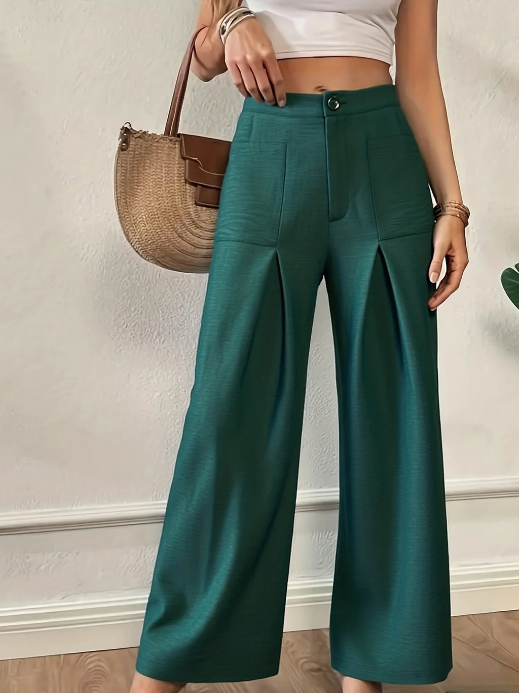 Women Green Textured Wide Leg Pants High Waist Button Front Pleated Trousers With Pockets Casual Office Business Straight Long Palazzo Pants