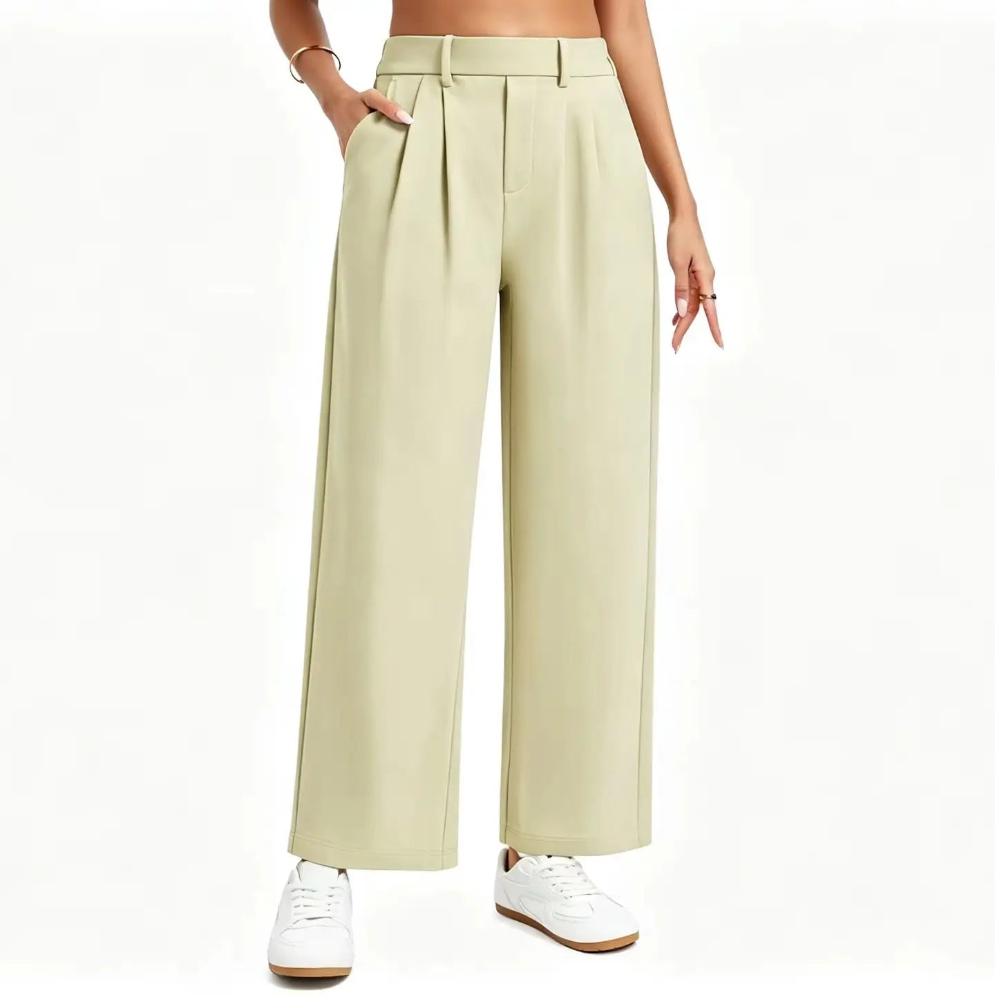 THE GYM PEOPLE Women's Wide Leg Dress Pants Pull On Elastic Waist Straight Leg Stretchy Business Slacks Trousers with Pockets