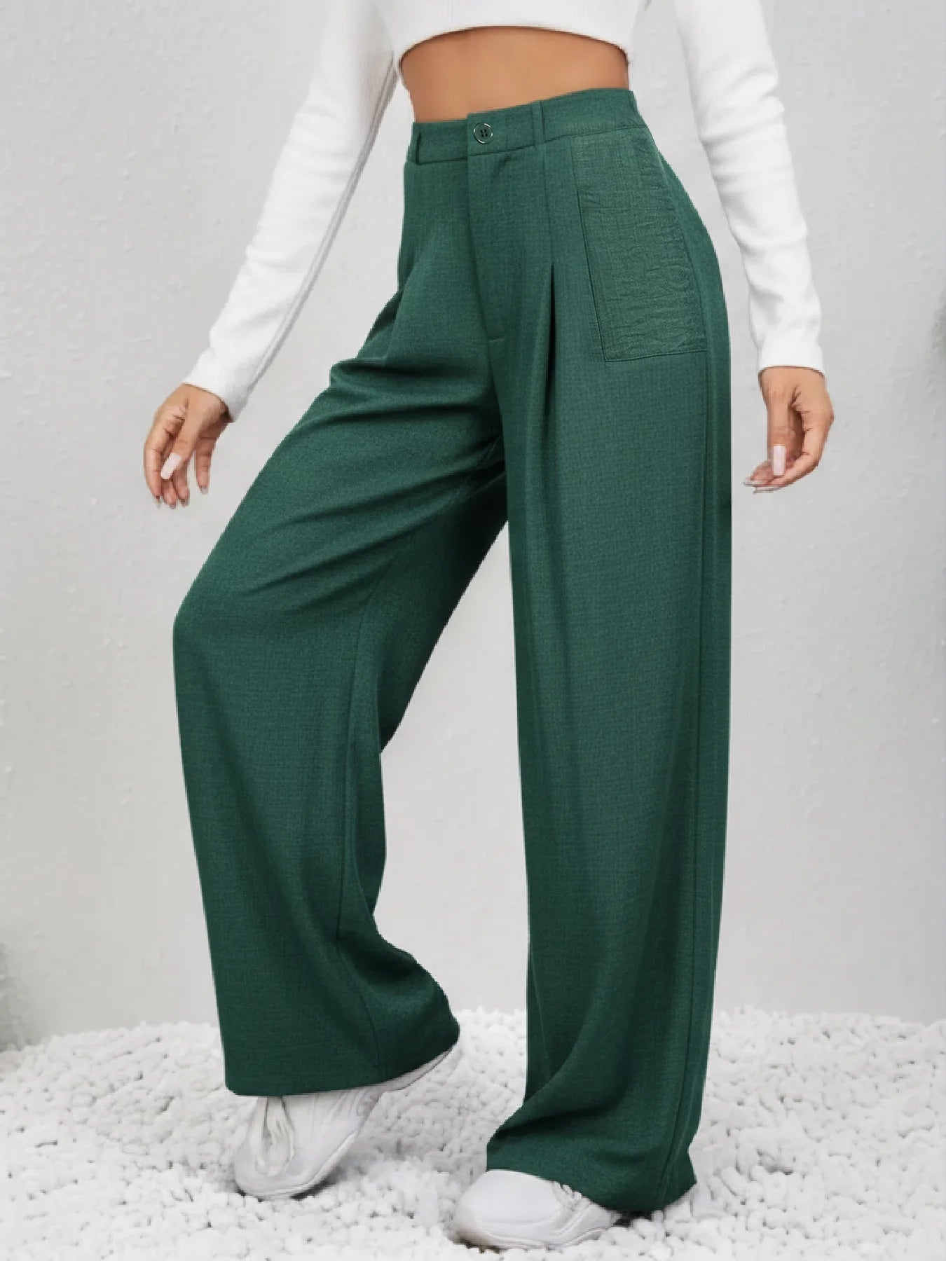 Women Green Textured Wide Leg Pants High Waist Button Front Pleated Trousers With Pockets Casual Office Business Straight Long Palazzo Pants