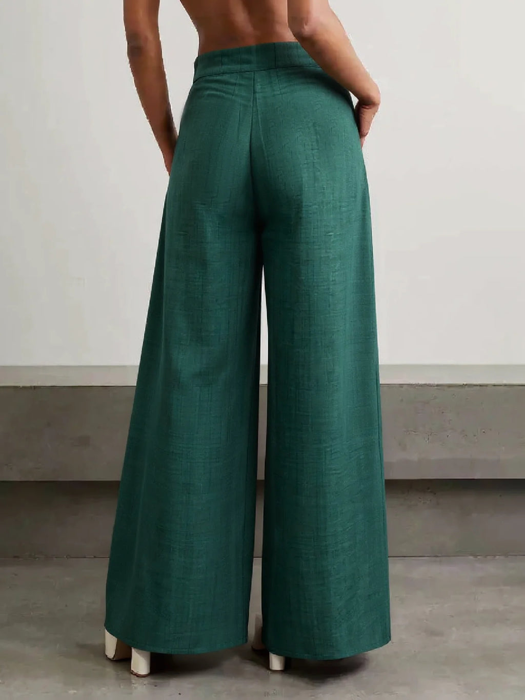 Women Green Textured Wide Leg Pants High Waist Button Front Pleated Trousers With Pockets Casual Office Business Straight Long Palazzo Pants