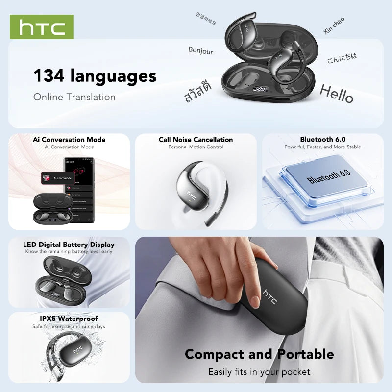 30Hrs Playback Bluetooth Headphones HTC NE57 Wireless Earphones Noise Canceling Earbuds with Battery Indicator for Music