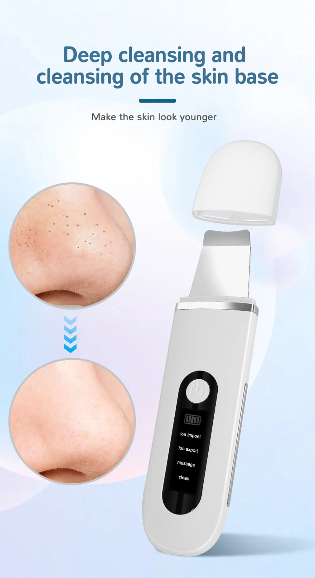 Ultrasonic Skin Scrubber 4 in1 Ion Import Export Face Cleansing Massage Peeling Spatula Blackhead Remover Pore Purifying  Facial Shovel Cleanser Lifting Skin Care
