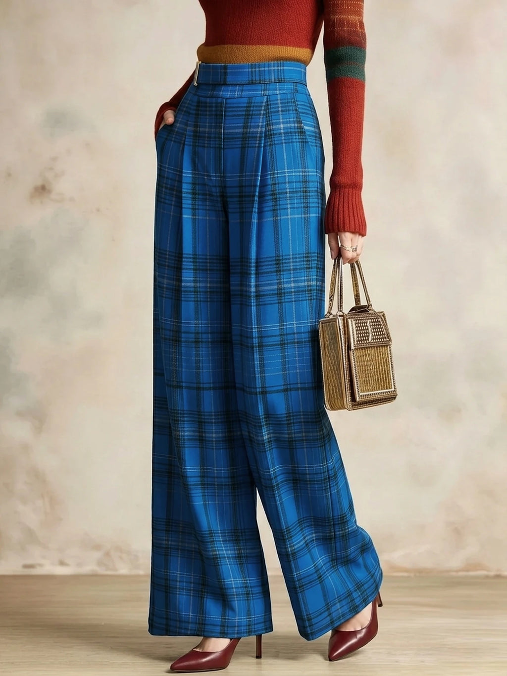 Women High Waist Pleated Plaid Wide Leg Pants Relaxed Fit Straight Trousers Casual Streetwear Bottoms For Daily Outing