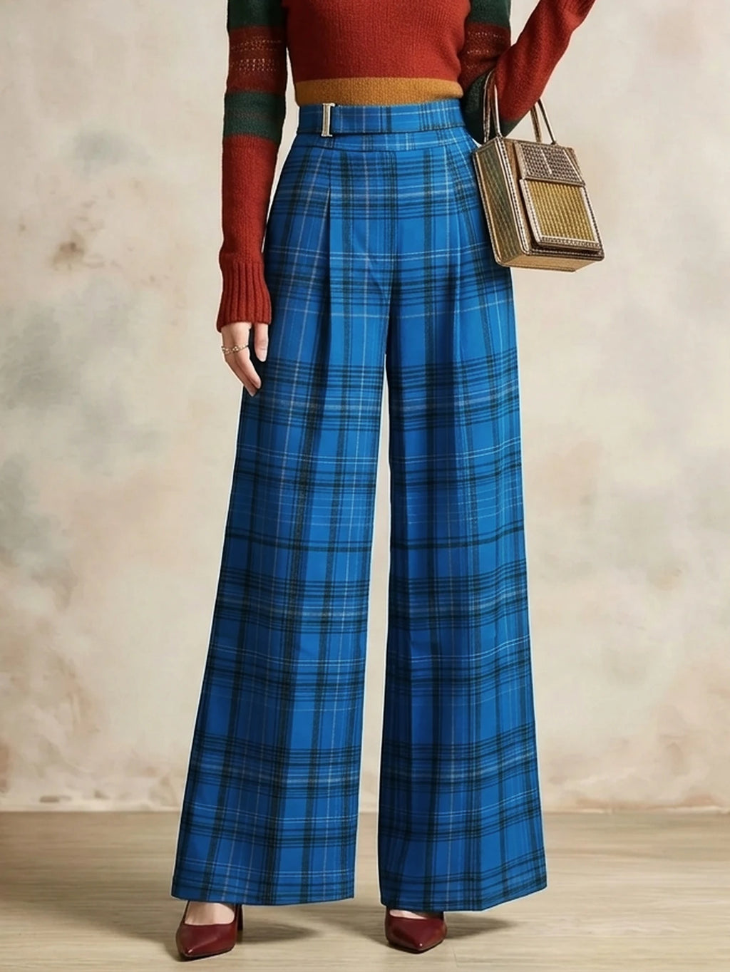 Women High Waist Pleated Plaid Wide Leg Pants Relaxed Fit Straight Trousers Casual Streetwear Bottoms For Daily Outing