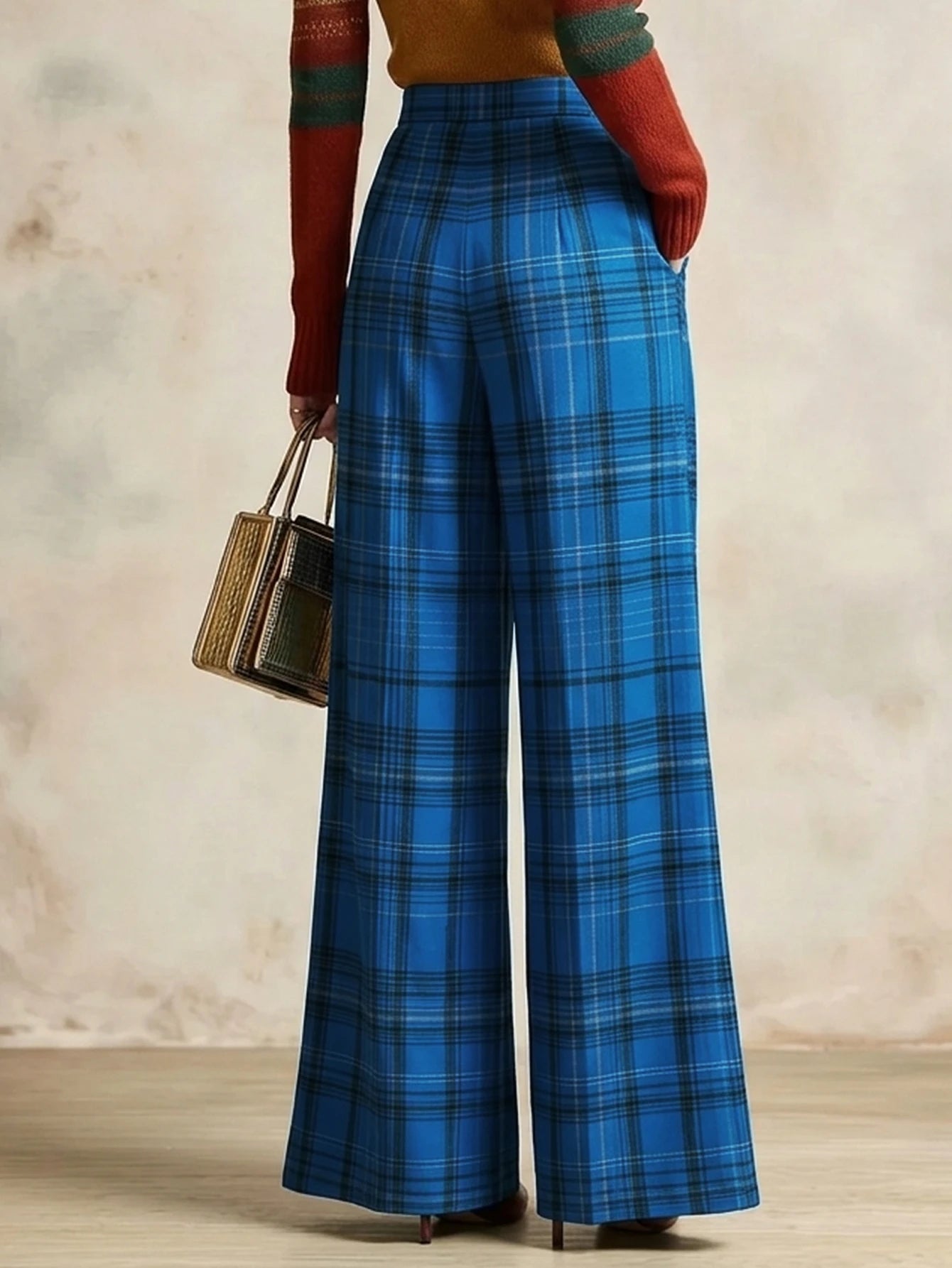 Women High Waist Pleated Plaid Wide Leg Pants Relaxed Fit Straight Trousers Casual Streetwear Bottoms For Daily Outing
