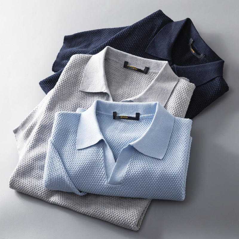 Men's V-Neck Knit Lapel Short Sleeve Top | Casual Summer Fashion Shirt