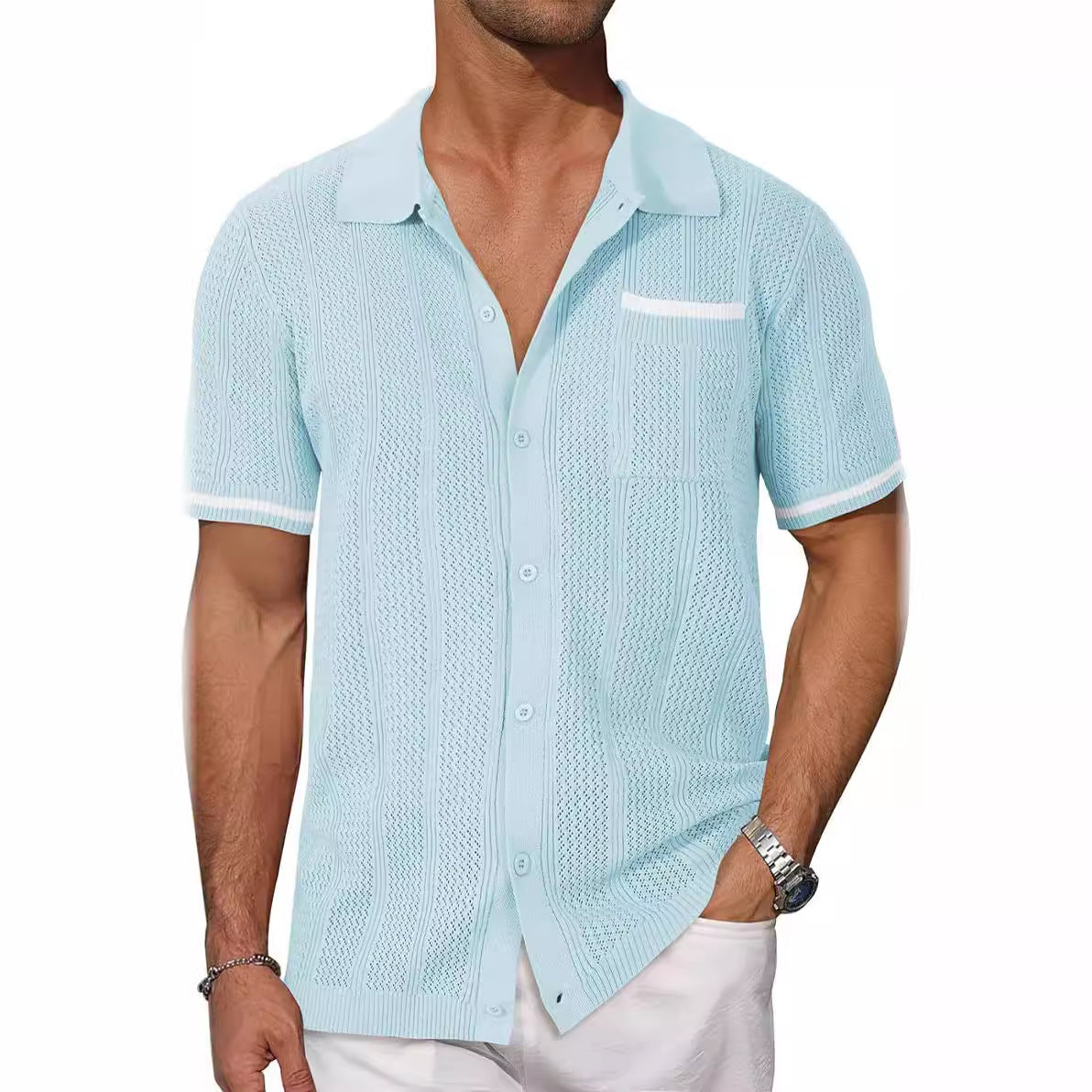 Men's Short Sleeve Hollow Breathable Shirt | Cool Summer Casual Cardigan Jacket Sky Blue 0 a69271fa-b1f8-4a77-a054-3a4ed2936699 FIOLKA BOUTIQUE