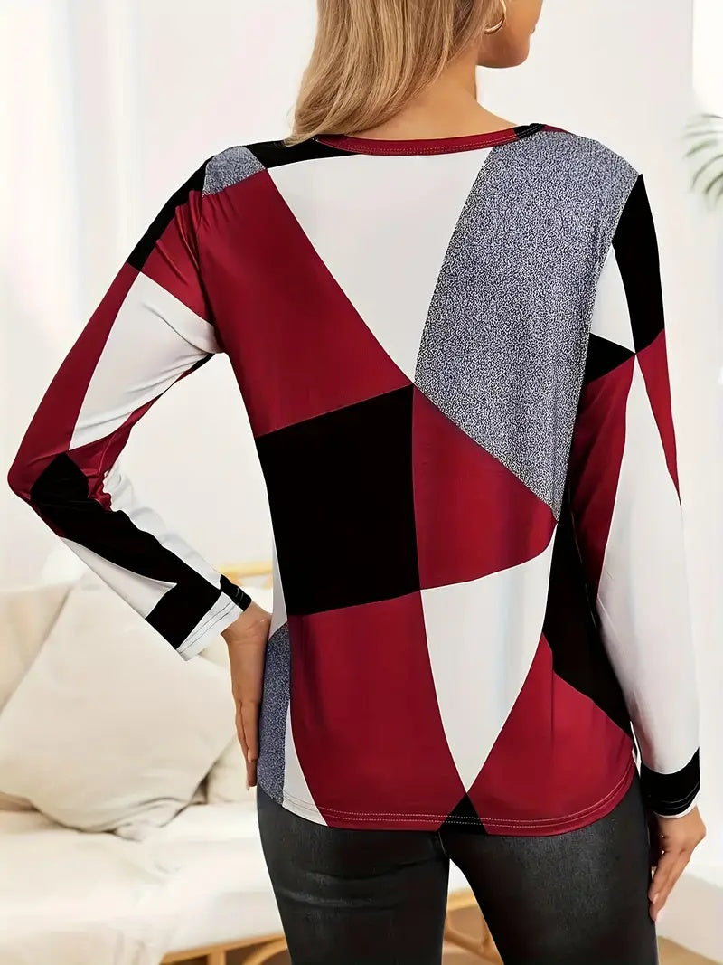 Autumn And Winter New Fashion Color-block Print Long Sleeve Crew Neck T-shirt