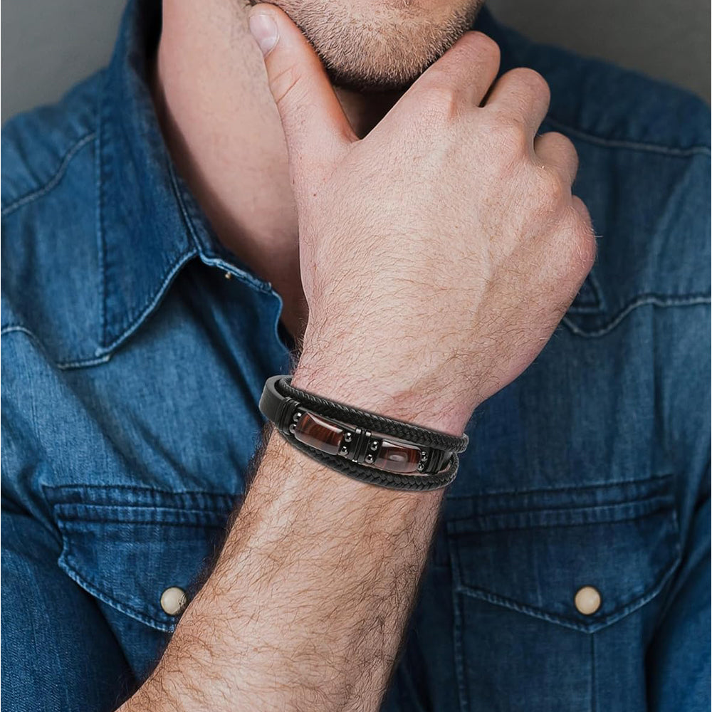 Natural Tiger Eye Stone Bracelet For Men Women - Handmade Leather Braided Healing Bracelet, Courage & Luck Meaning, Birthday Christmas Gift