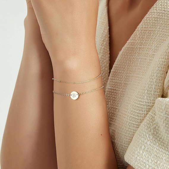 Dainty 14K Gold Filled Adjustable Layered Bracelet | Cute Oval Chain Bar Women's Jewelry