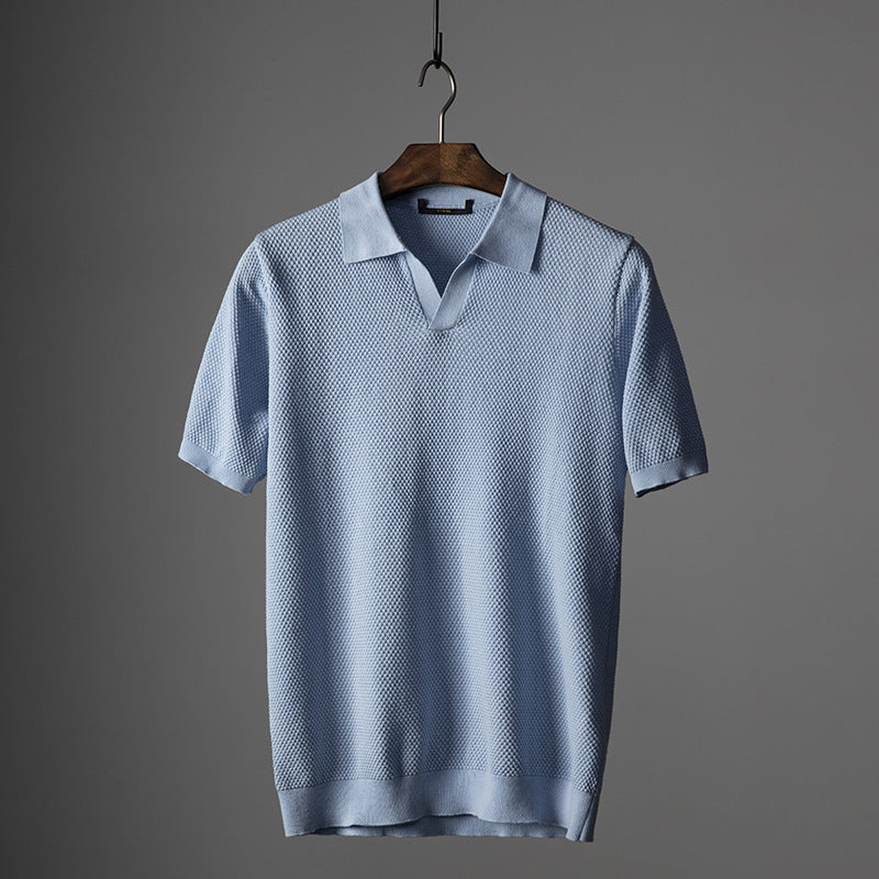 Men's V-Neck Knit Lapel Short Sleeve Top | Casual Summer Fashion Shirt