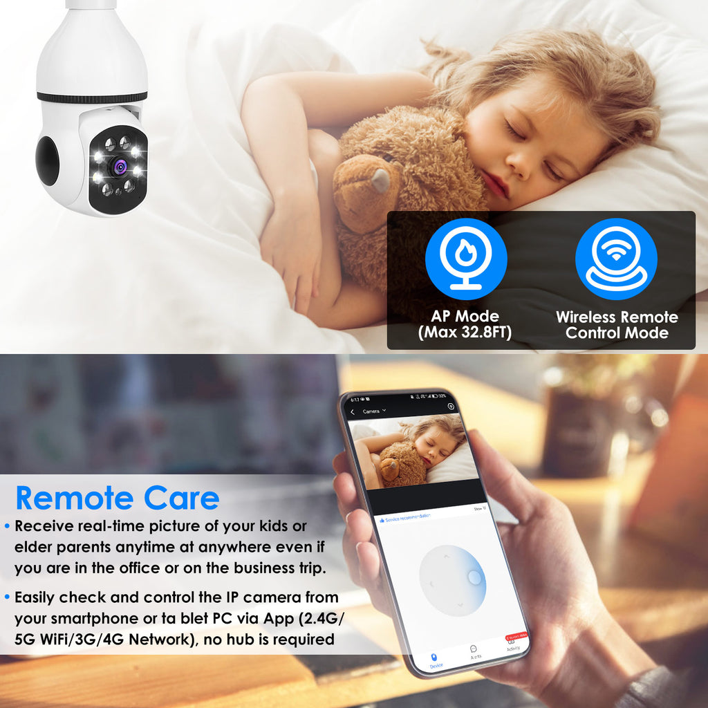 E27 WiFi Bulb Security Camera 1080P FHD | Pan Tilt Night Vision Two-Way Audio Motion Tracking