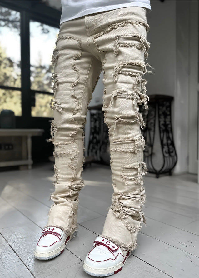 Men's Fringe Ripped Stacked Jeans | Patched Tight Fit Long Denim Pants Apricot 4 b9698bac-2308-4c25-aba6-2ab957a6a0c9 FIOLKA BOUTIQUE