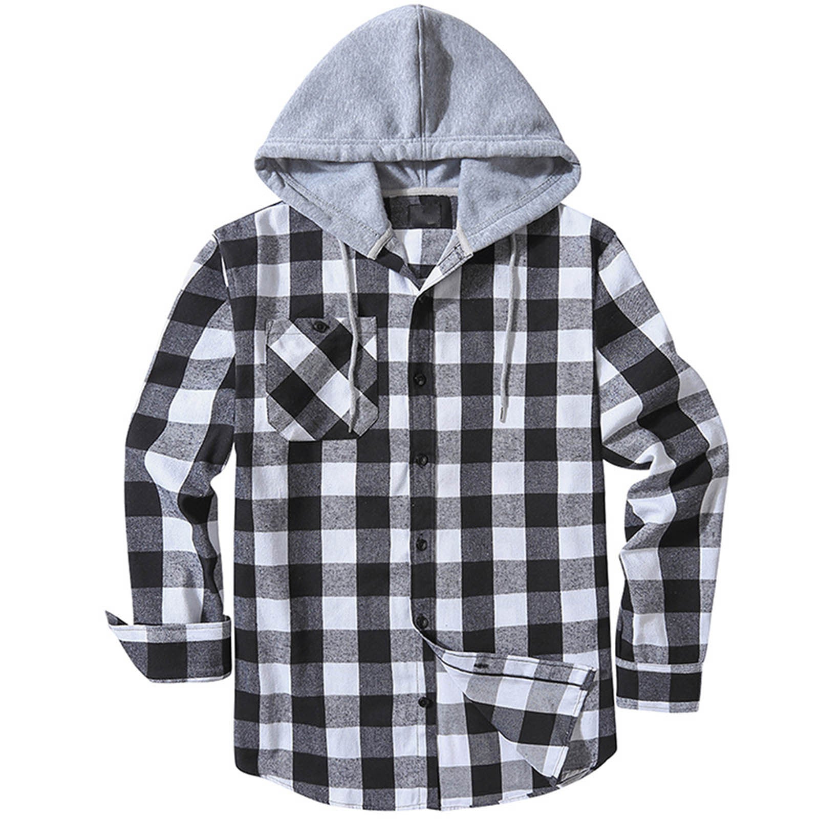 Men's Hooded Plaid Shirt | Casual Long Sleeve Flannel Top White Black 0 b9a149c6-d1b2-4f42-8d99-7e7ab9530875 FIOLKA BOUTIQUE