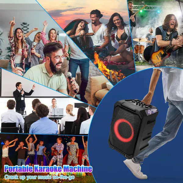 Portable Wireless Party Speaker With LED Light 2 Wireless Mics Remote Control TWS Music Accompany Mic. Priority Bass Echo Mic Treble Guitar In